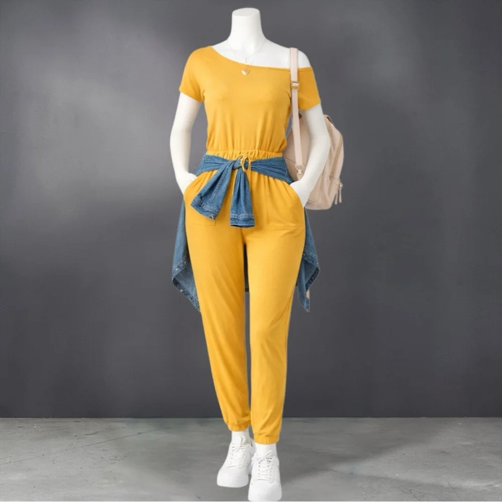 Capella Mustard Two-Way Shoulder Drawstring Jumpsuit